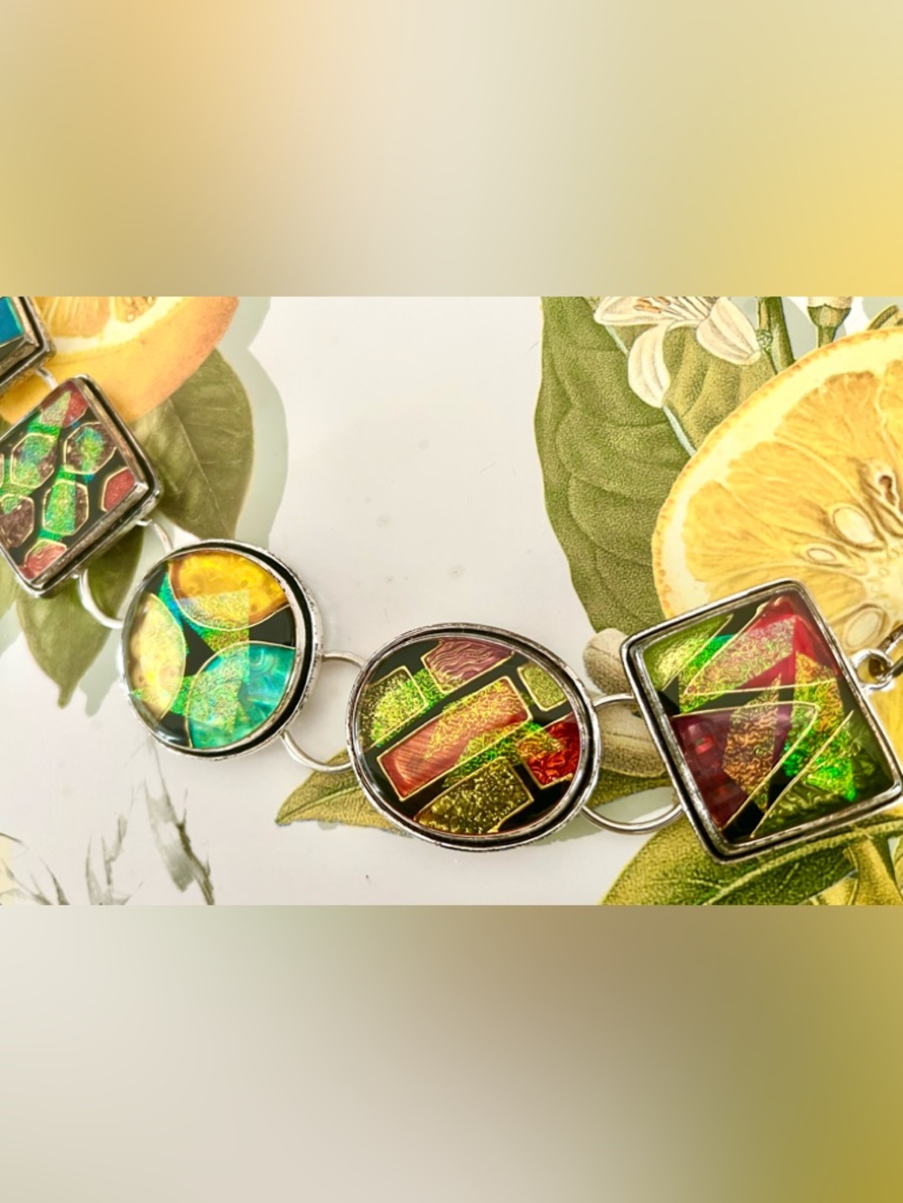Individual Enameled Art Pieces on Chain Belt 38”